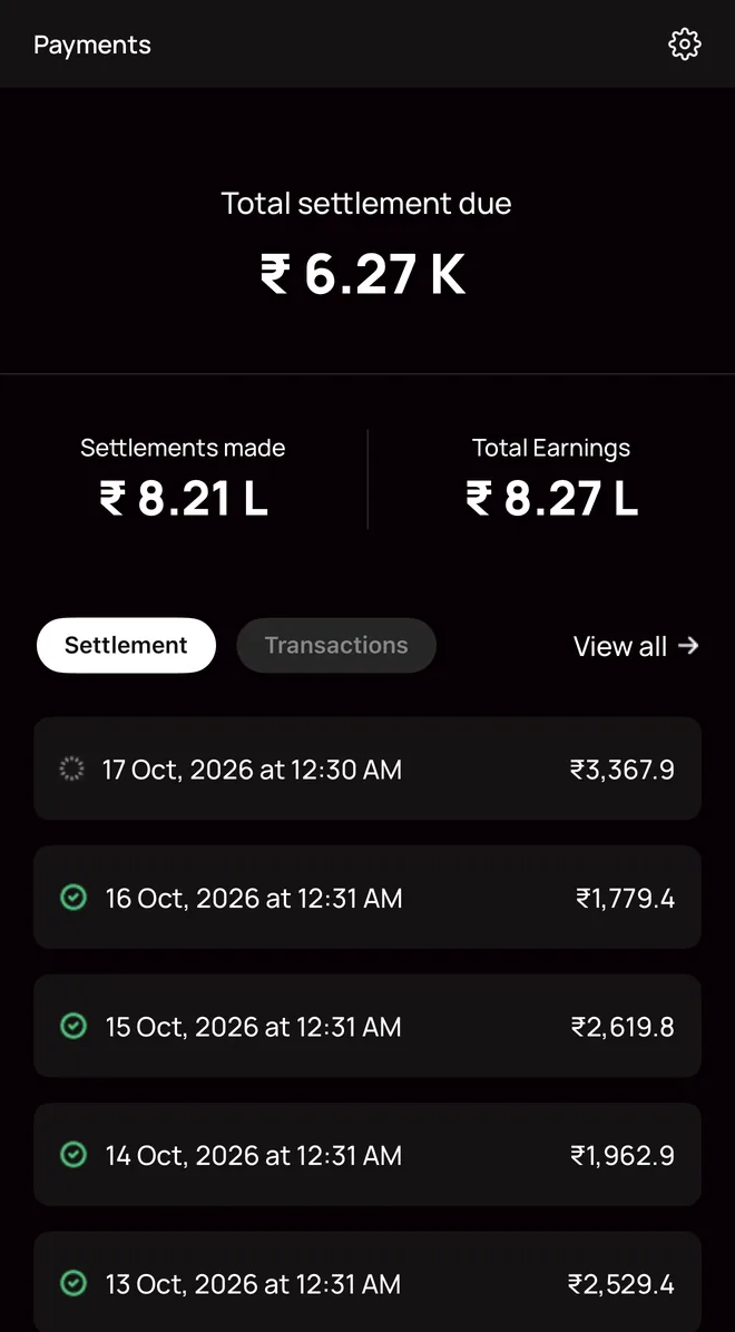 SuperProfile app: total earnings ₹8.27 L, settlements made ₹8.21 L